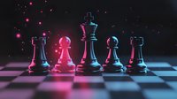 Chess pieces on checkered board illuminated by neon pink and blue lights against dark background with glowing particles, creating dramatic gaming atmosphere.