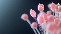 Pink microscopic fungal spores or mold structures with fuzzy filaments against dark background, showcasing natural microbiology in extreme close-up detail.