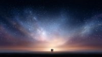 Two silhouetted figures stand beneath a spectacular starry night sky with vibrant cosmic colors and Milky Way galaxy stretching across the horizon at twilight.