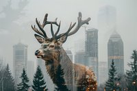 Majestic deer with large antlers against urban cityscape background in foggy weather, contrasting wildlife with modern skyscrapers and evergreen trees.