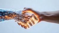 Diverse hands shaking with glowing digital energy overlay, representing business partnership, technology connection, and collaboration between professionals in modern corporate environment.