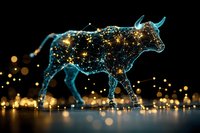 Glowing blue constellation bull figure with golden light particles against dark background, creating magical celestial animal art effect. For fantasy designs.