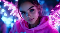 Young Asian woman in pink hoodie illuminated by vibrant neon lights and bokeh effects, creating dreamy nighttime atmosphere with blue and purple glow.