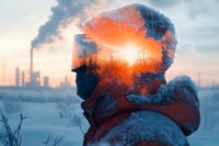 Double exposure silhouette of man against industrial landscape with smokestacks and winter sunset, combining urban pollution and nature in artistic composition.