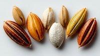 Assorted cacao pods in various colors from red to yellow and white, showing natural diversity of chocolate source on white background.