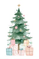 Watercolor Christmas tree with gold star topper, colorful ornaments, and wrapped presents underneath for holiday greeting cards and seasonal designs.