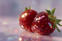 Fresh strawberries transformed into glittering disco balls with mirror mosaic effect reflecting light, green leaves intact on purple background with bokeh lights.