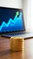 Stack of golden coins on wooden desk with laptop displaying upward trending financial chart in background, symbolizing investment growth and financial success.