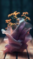 Surreal abstract hand sculpture with glowing golden flowers emerging from translucent purple form, artistic composition for creative design projects.