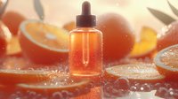 Orange serum dropper bottle with fresh citrus slices and water drops in soft sunlight, cosmetic skincare product photography for beauty and wellness.