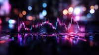 Financial market graph with neon pink and blue reflection on dark background, showing trading chart analysis with glowing bokeh lights and blur effect.