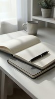 Minimalist workspace with open notebooks, pen and coffee cup on white desk creating peaceful study atmosphere for productivity and learning.