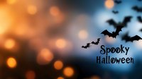 Spooky Halloween background with flying bat silhouettes and warm orange bokeh lights creating atmospheric mood for seasonal decorations and party designs.