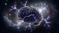 Human brain with electric lightning bolts in cosmic space background representing neural activity, consciousness, intelligence and mental power concepts.