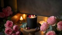 Romantic spa setting with pink roses, lit candles and luxury skincare product in elegant black container for wellness and beauty treatments.