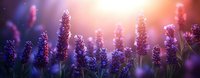 Lavender flowers blooming in soft purple twilight with warm golden sunlight creating dreamy bokeh effect for aromatherapy and wellness designs.