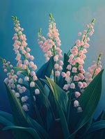 Delicate pink lily of the valley flowers bloom against vibrant green leaves on blue background, creating serene botanical composition.