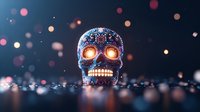 Glowing decorative skull with ornate patterns and illuminated eyes against dark background with bokeh lights creating magical atmosphere.