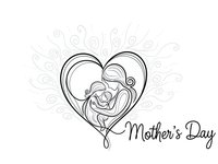 Mother and baby silhouette in heart shape with decorative swirls for Mother's Day greeting cards and family celebration designs on white background.