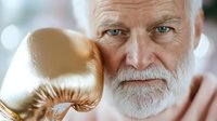 Senior Caucasian man with white beard and gentle smile looking at golden boxing glove in close-up portrait, representing strength and wisdom in aging.