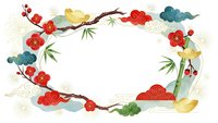 Asian-inspired decorative frame with cherry blossoms, bamboo leaves, and traditional cloud motifs on white background for design projects.