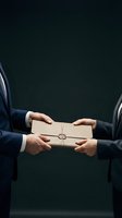 Two businessmen in dark suits exchanging confidential envelope in professional handover against dark background for corporate communications.