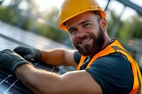 Smiling Caucasian male solar panel installer in yellow hard hat and safety vest working outdoors, installing photovoltaic modules on sunny day.
