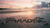 Word Paradise written in sand on tropical beach at golden sunset, with seashells and driftwood, reflecting warm pink and orange sky.