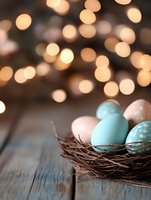 Pastel Easter eggs in rustic nest on wooden table with soft golden bokeh lights background creating magical holiday atmosphere.