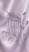 Thank you card with elegant serif text on soft purple silk fabric background with delicate dried grass silhouettes for social media stories.