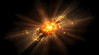 Cosmic explosion with bright golden rays bursting from center against dark space background with glowing particles and stardust effects.