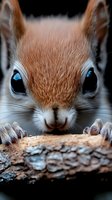 Close-up of a brown and white squirrel with striking blue eyes gnawing on a wooden branch against a dark background. Wildlife portrait.