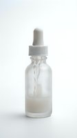 Clear glass dropper bottle with white cap containing milky serum or essence liquid, isolated on white background. Suitable for skincare, cosmetics, wellness product packaging and design mockups.