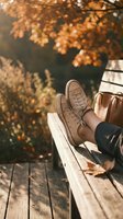 Person relaxing outdoors on a wooden bench in autumn, feet up in beige sneakers, warm fall foliage and golden light in background.