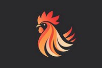 Stylized rooster logo in vibrant orange and red gradient with curved geometric shapes forming minimalist bird silhouette on dark background. Modern farm brand design.