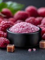 Pink raspberry flavored sea salt in black ceramic bowl with fresh berries and caramel candy pieces on dark background, macro food photography.
