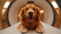 Smiling Golden Retriever dog lying in veterinary MRI scanner during medical examination, showing happy expression despite being in medical environment.