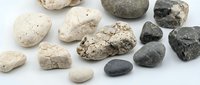 Collection of natural river rocks and pebbles in various sizes, textures and earth tones isolated on white background for landscaping and decoration projects.