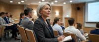 Senior businesswoman attending corporate conference or seminar in modern auditorium with colleagues listening to presentation for professional development.