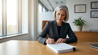 Professional mature businesswoman with gray hair writing documents at office desk in modern corporate workspace for business and career concepts.
