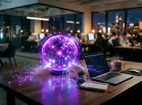Futuristic holographic sphere with network connections floating above laptop in modern office workspace for technology and innovation concepts.