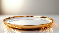 Elegant golden rimmed porcelain plate on reflective surface with soft lighting and blurred background creates luxurious dining atmosphere.