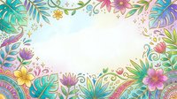 Colorful floral border frame with tropical leaves, flowers and decorative swirls on white background. Isolated design element suitable for invitations, cards and web graphics.