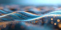 Abstract digital wave formation with glowing particles and bokeh effects in blue and copper tones against dark background, for technology and data visualization.