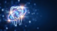 Glowing tooth with swirling energy and light effects on dark blue bokeh background for dental care and oral health concepts.