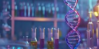 DNA double helix structure with laboratory glassware and test tubes for genetic research, biotechnology studies, and medical science applications.