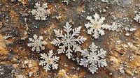 Glittering silver snowflake decorations scattered on rustic textured background with golden and brown tones create festive winter holiday atmosphere.