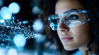 Young woman wearing protective glasses looking at glowing digital network visualization with blue bokeh lights and technology interface.