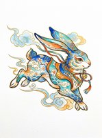 Ornate rabbit illustration with blue, gold, and orange decorative patterns, isolated on transparent background. Ready for t-shirt design, clipart, stickers, sublimation, and print-on-demand products.