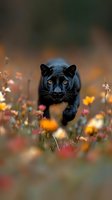 Black panther prowling through colorful wildflowers, intense yellow eyes focused forward, against blurred natural background creating dramatic wildlife scene.